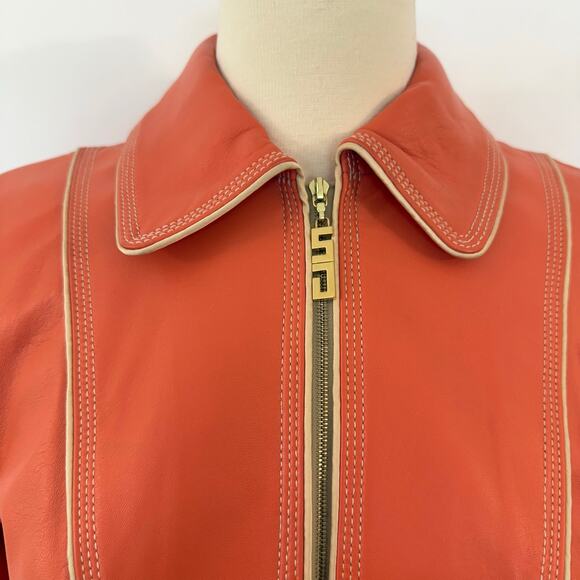 St. John Lamb Leather Jacket Full Zip Peachy Orange with Grommets Size Small - Picture 3 of 16